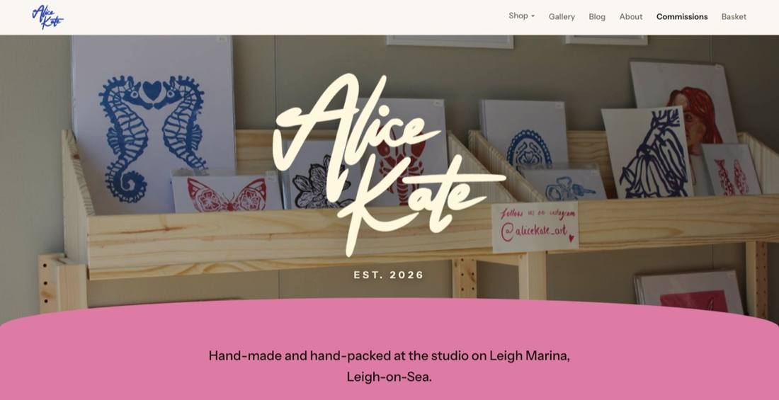 The new alicekate.art homepage, Alice's handwritten logo in cream over a photo of her studio shelves