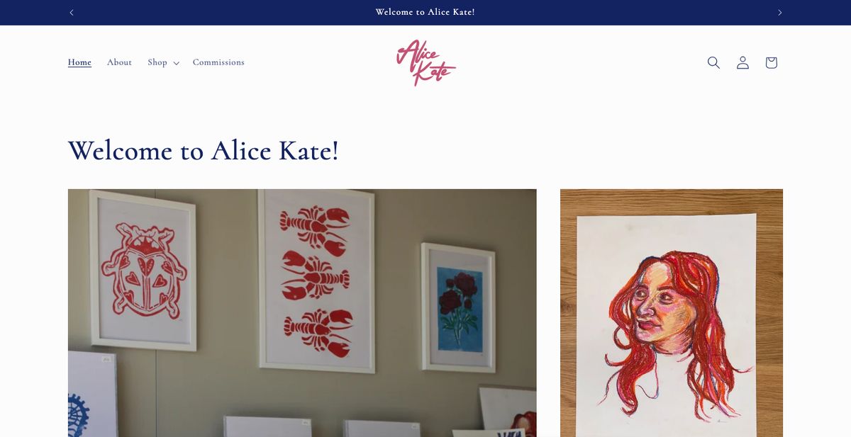 The old Alice Kate Shopify site, a white default theme with a small logo and plain product images