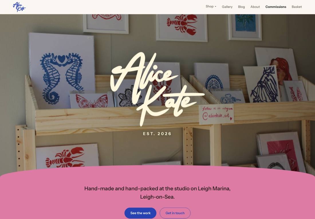 The alicekate.art homepage, Alice's handwritten logo over a photo of her studio shop shelves