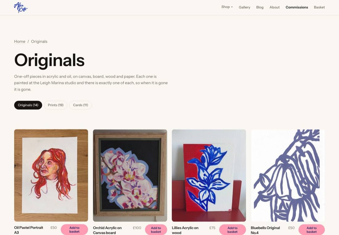 The originals collection page on alicekate.art, a grid of paintings with prices and add to basket buttons